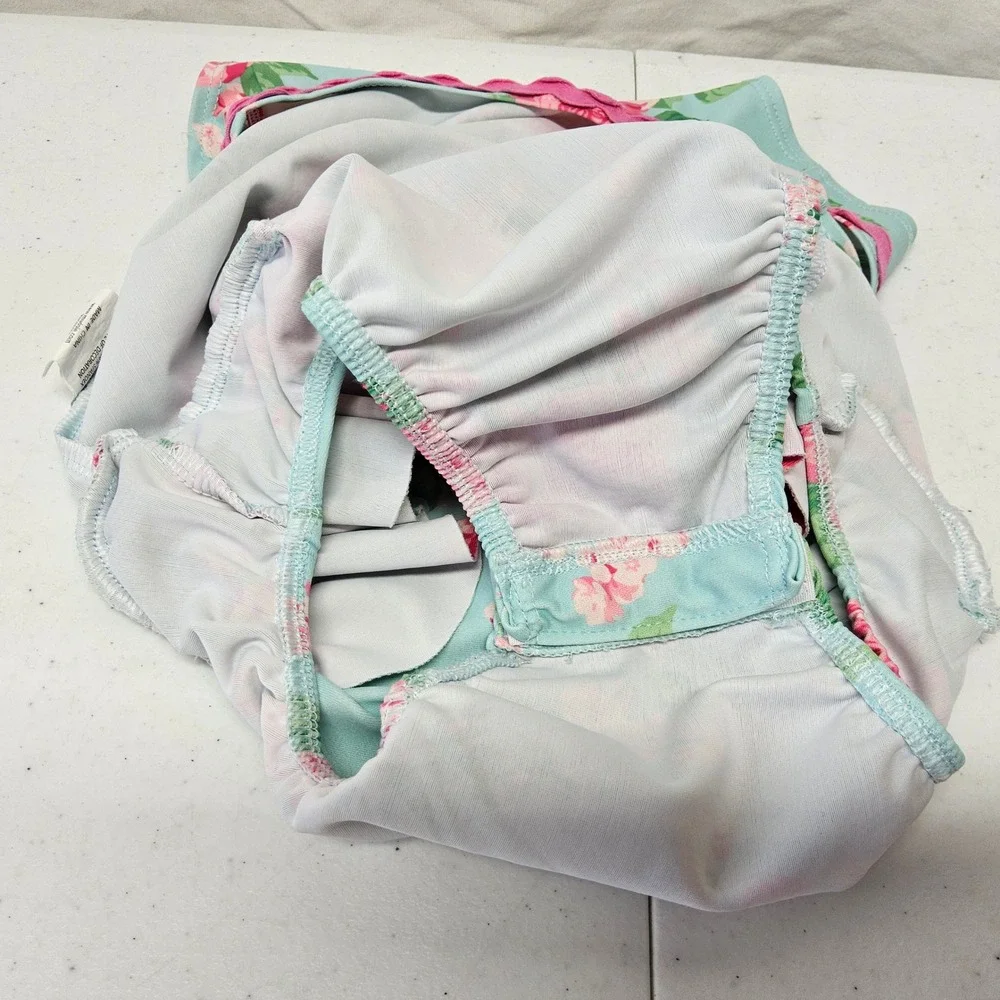 Mud‎ Pie Swimsuit Baby Girls 24M 2T Blue Floral Rose Pink Bow Ric Rac One Piece